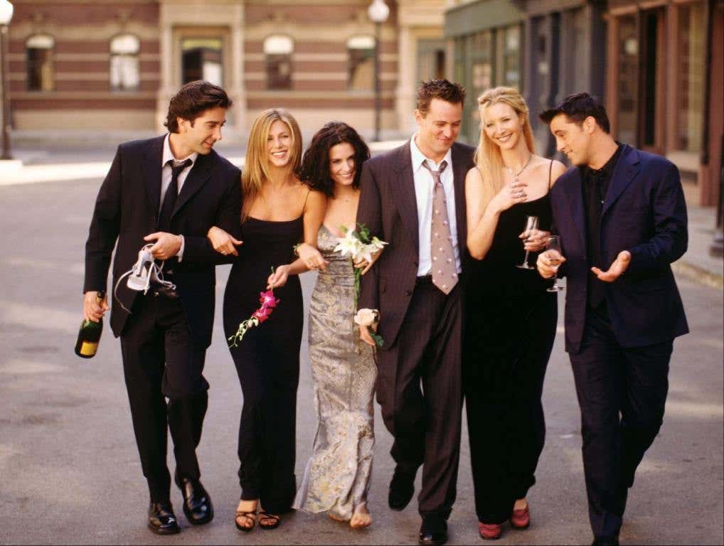 Cast members of NBC's comedy series "Friends." Pictured: David Schwimmer as Ross Geller, Jennifer Aniston as Rachel Green, Courteney Cox as Monica Geller, Matthew Perry as Chandler Bing, Lisa Kudrow as Phoebe Buffay, Matt LeBlanc as Joey Tribbiani.