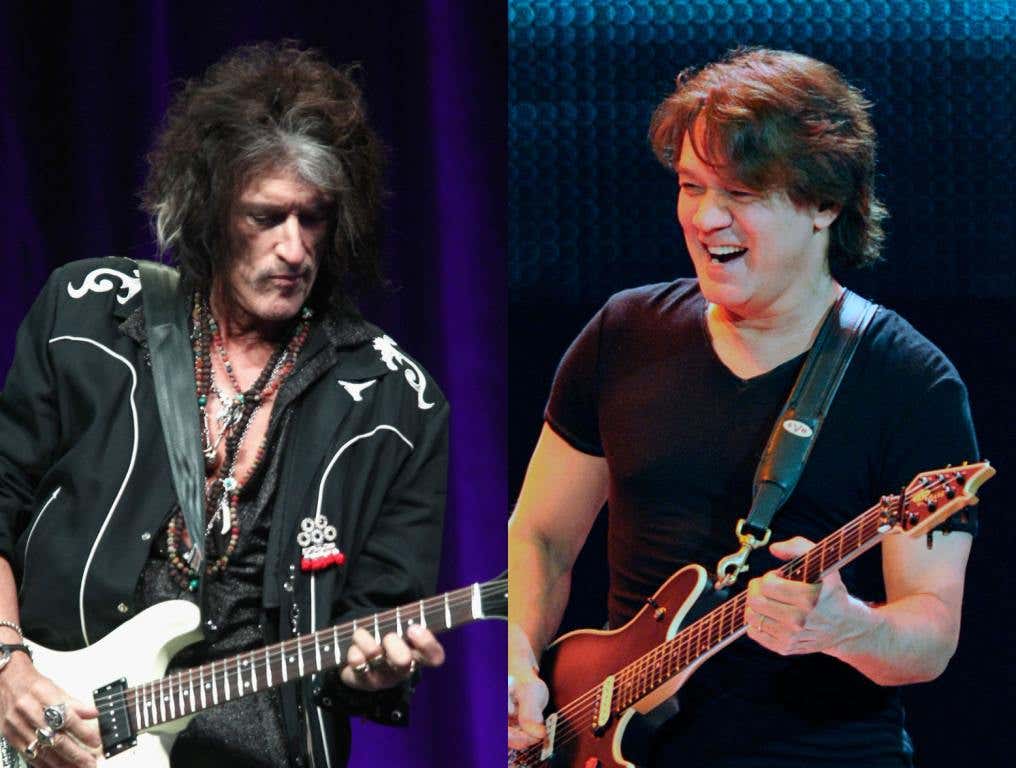 Joe Perry performing on stage; Eddie Van Halen performing on stage.