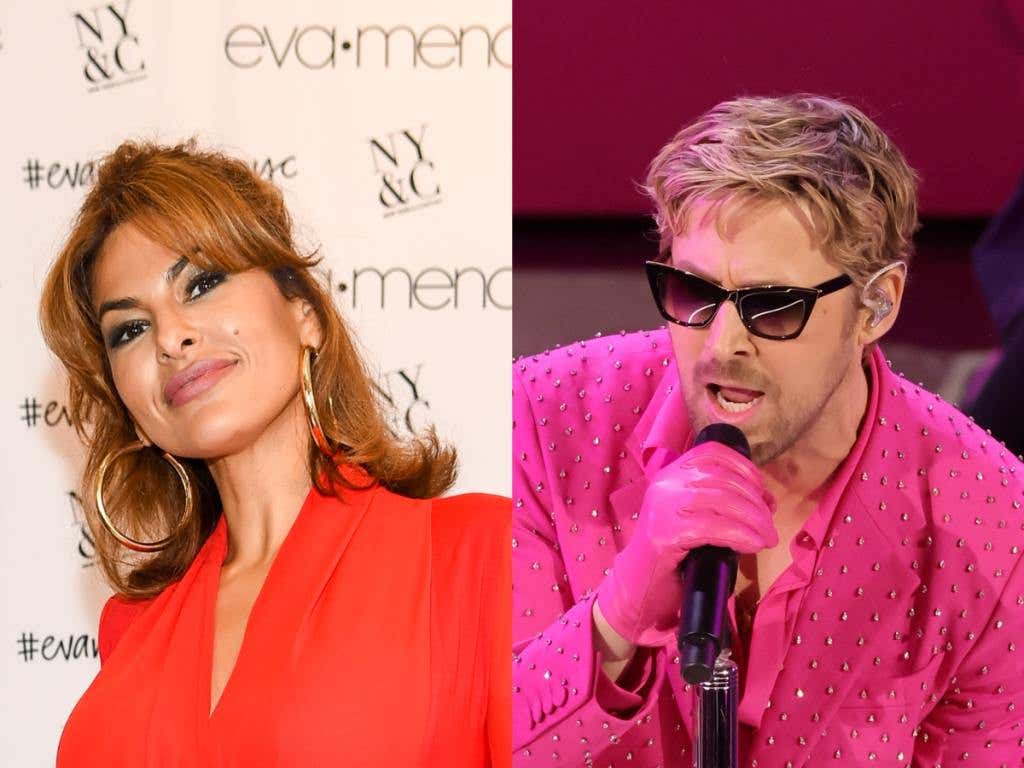 Eva Mendes launches the Holiday Collection at New York & Company smiling wearing red, Ryan Gosling performs 'I'm Just Ken' from "Barbie" onstage during the 96th Annual Academy Awards wearing a pink suit and gloves holding a microphone wearing sunglasses, as Eva Mendes Tells Ryan Gosling To 'Come Home' After Oscars