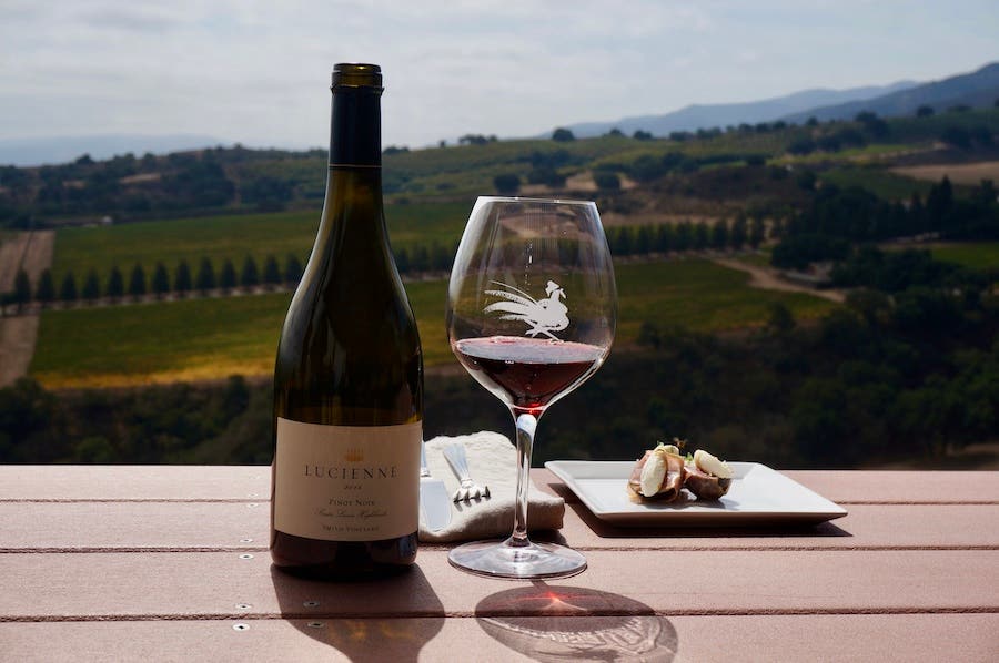 A bottle of Lucien Pinot Noir with a wine glass on a wooden table with rollling hills and vineyards in the background. Pinot power wines