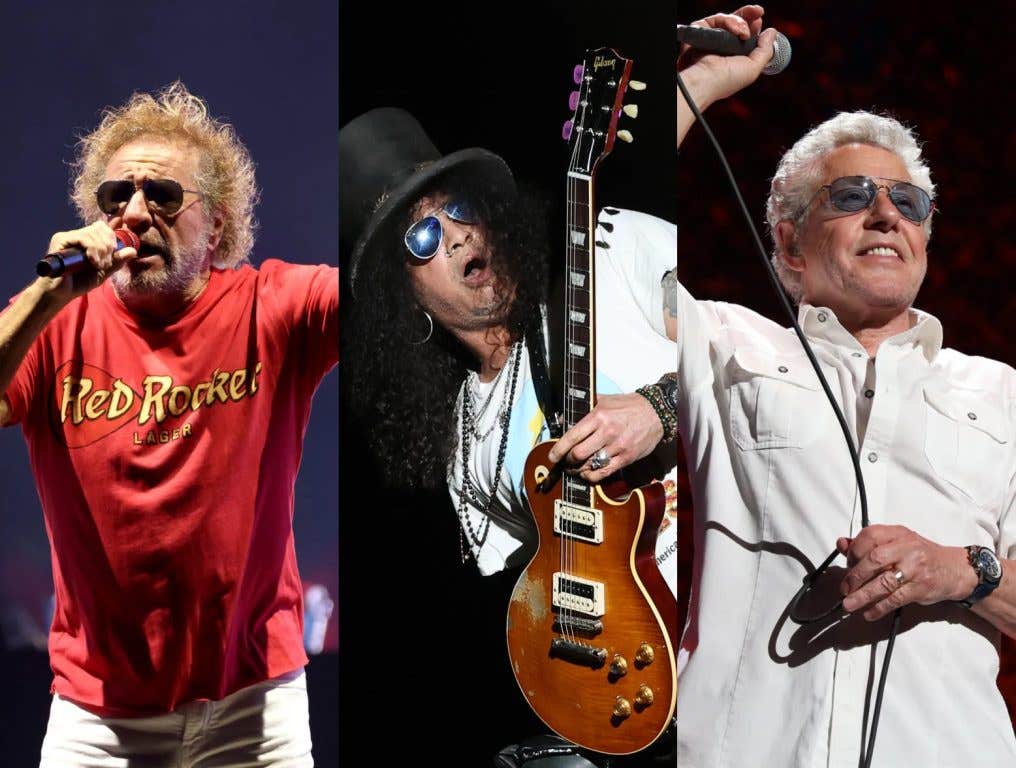 Sammy Hagar performs during the The Best of All Worlds Tour at Hartford HealthCare Amphitheater on July 24, 2024 in Bridgeport, Connecticut; Musician Slash performs at The Grand Ole Opry on March 16, 2022 in Nashville, Tennessee; Roger Daltrey of The Who performs onstage during The Who Hits Back! Tour on May 03, 2022 at Moody Center in Austin, Texas.