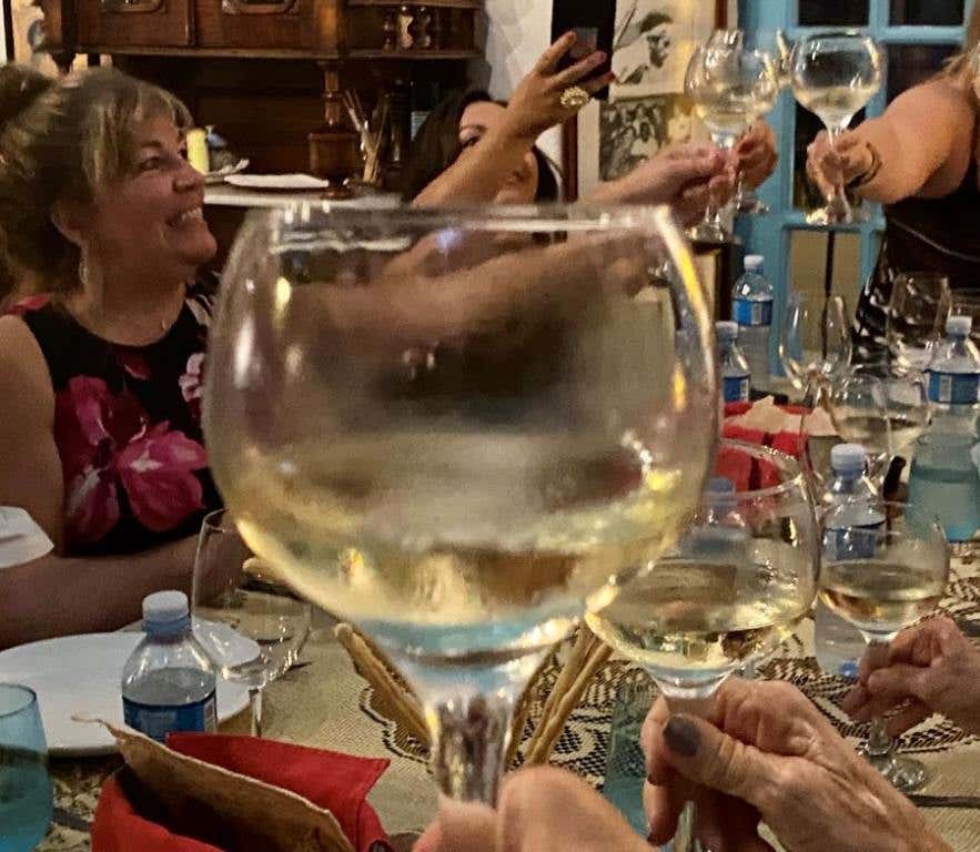 JHands with wine glasses raised at the dinner table in cheers for white wines for Tahnksgiving