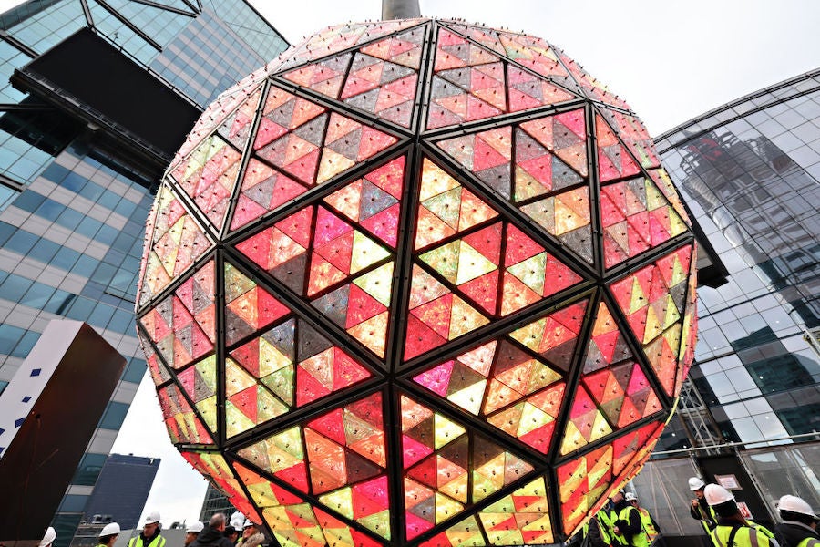 A close up of a glass ball, made of orange and yellow triangles. It will be dropped in Time Square on and is part of Hilarious New Year's resolution videos