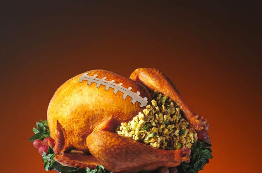 whole roasted turkey with football stripes on it's breast bone for fun football inspired snacks