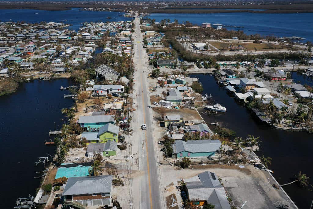 PINE ISLAND, FLORIDA - OCTOBER 03: Destruction on Pine Island sustained during Hurricane Ian is shown on October 03, 2022 in Pine Island, Florida. Southwest Florida suffered severe damage during the Category 4 hurricane which caused extensive damage to communities along the state's coast.