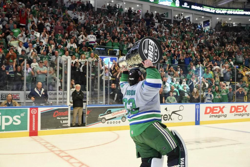 Cam Johnson lifts the Kelly Cup after a monumental Everblades win