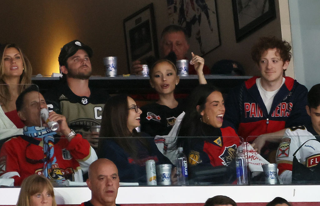 Singer and actress Ariana Grande reacts prior to Game One of the 2024 Stanley Cup Final between the Florida Panthers and the Edmonton Oilers at Amerant Bank Arena on June 08, 2024 in Sunrise, Florida. 