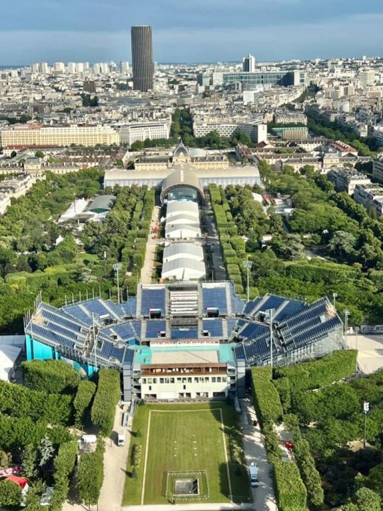 View of Beach Volleyball courts in Paris from the Eiffel Tower